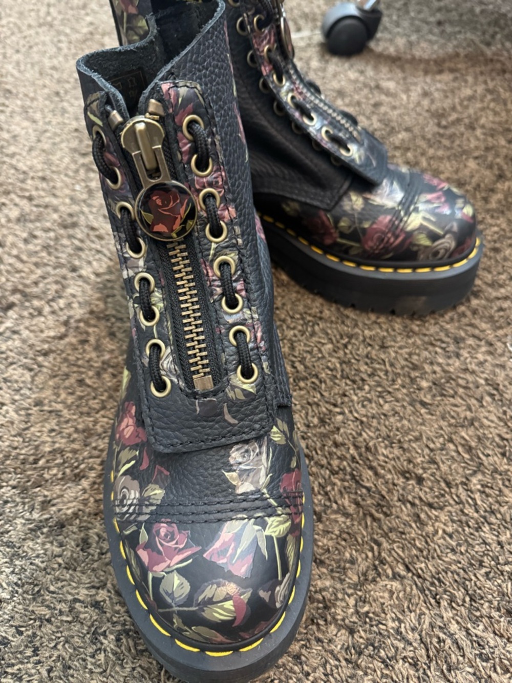 Dr. Martens Black Floral Combat Boots with Yellow Stitching - Picture 3 of 4